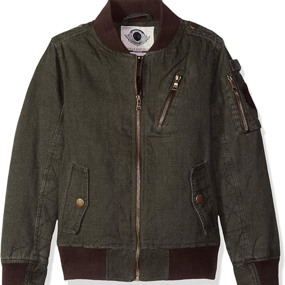 URBAN REPUBLIC Boys Cotton Canvas Aviator Flight Jacket WARM Bomber OLIVE Sz 5/6